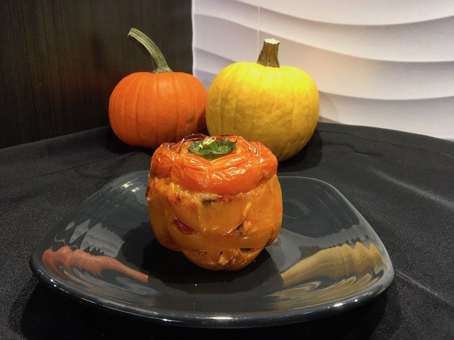 Halloween Style Shredded Chicken & Rice Stuffed Peppers